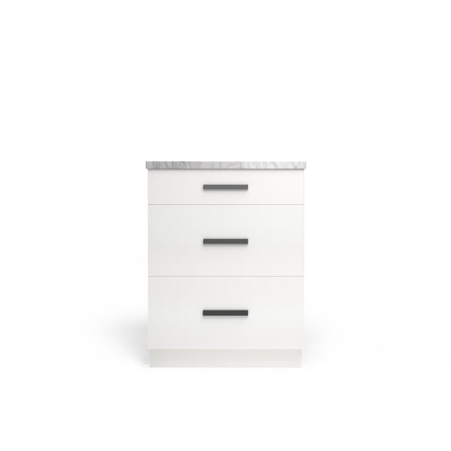 3 Drawer Base Cabinet, Alabaster Matte, Matte Black