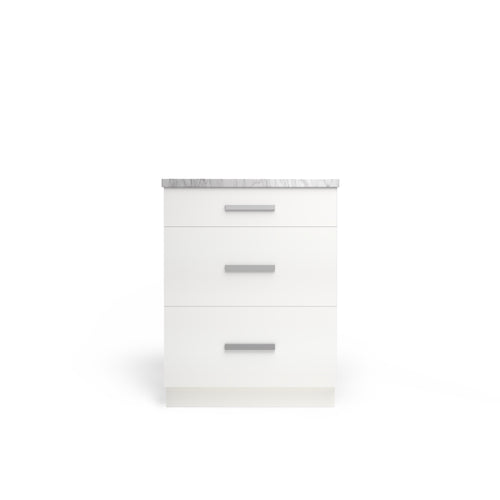 3 Drawer Base Cabinet, Alabaster Matte, Polished Chrome