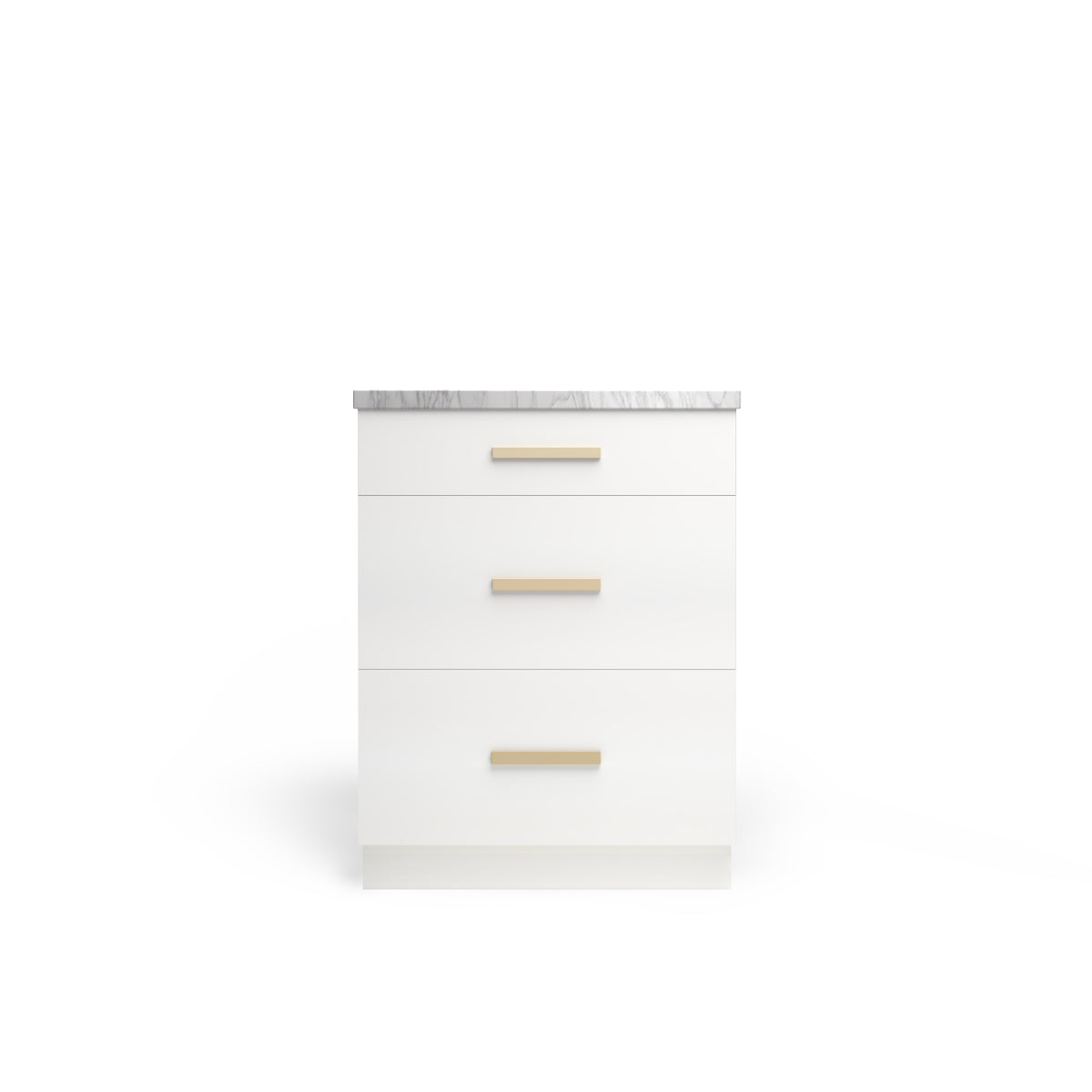 3 Drawer Base Cabinet, Alabaster Matte, Satin Gold
