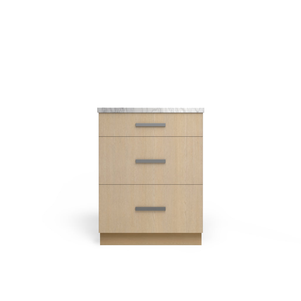3 Drawer Base Cabinet, Desert Oak, Satin Nickel